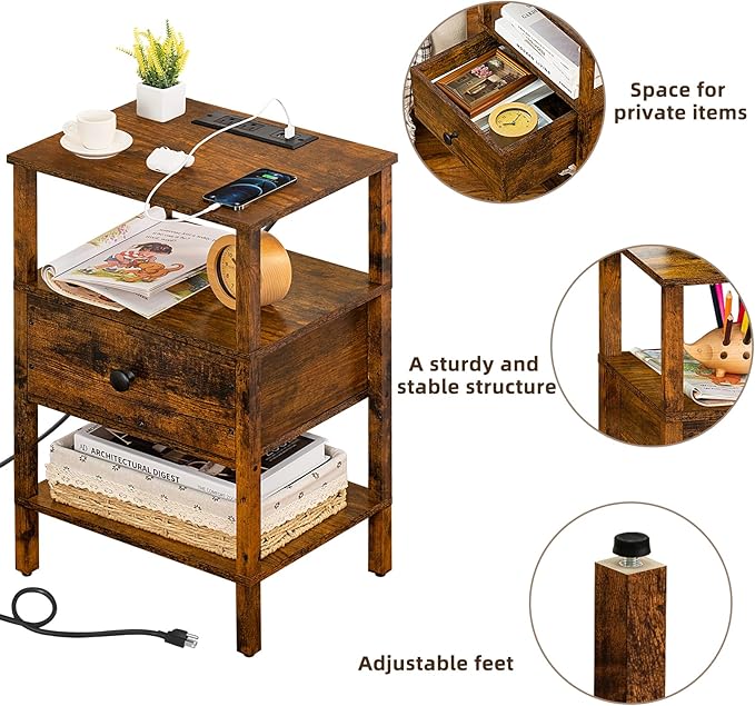 Lerliuo Nightstand with Charging Station and USB Ports, 3-Tier Storage End - Image 6