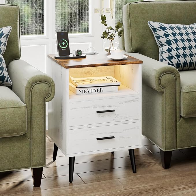 Farmhouse Nightstand with Charging Station and LED Lights, 25.6" H x 17.7" W x - Image 8