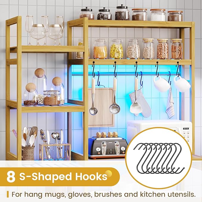 Bakers Rack with Power Outlet, Coffee Bar, 10-Tier Kitchen Shelves with 8 Hooks - Image 5