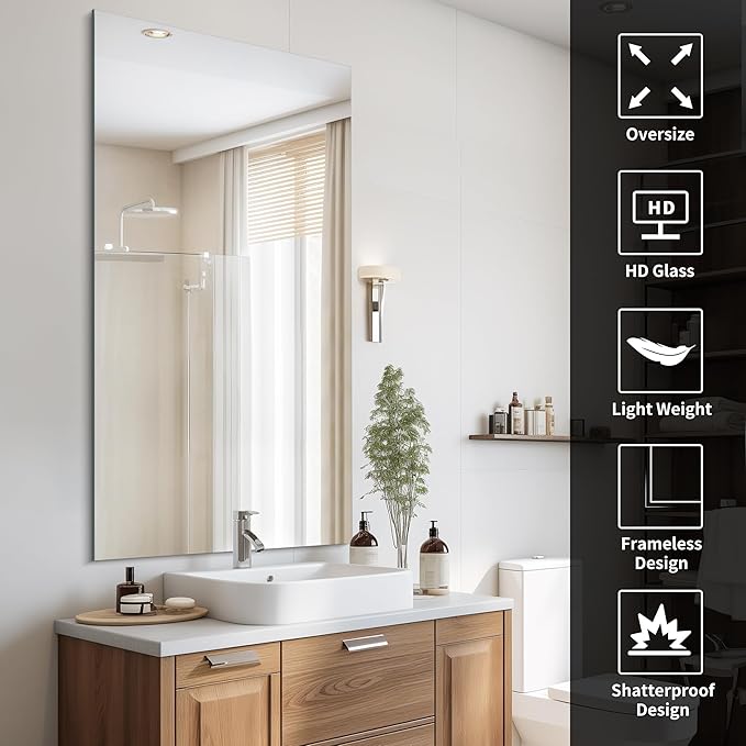Frameless Mirror, 30x60 Inch Large Bathroom Mirrors - Image 3