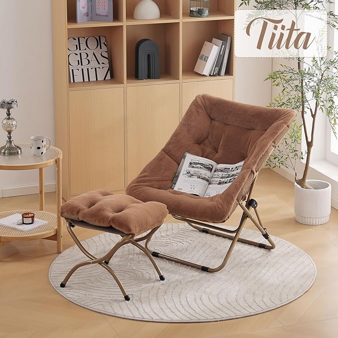 Tiita FoldedChair with Ottoman, Soft Faux Fur Oversized Folding Accent Chair - Image 6