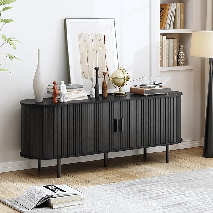 63" TV Stand with Power Outlet, Modern Media Console with Sliding Doors - Image 4