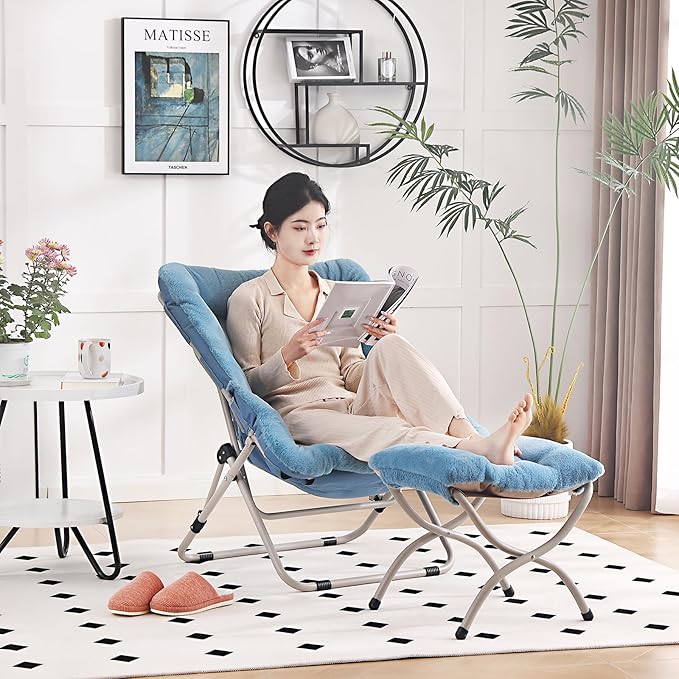 Saucer Chair with Ottoman, Comfy Oversized Folding Chair, Faux-Fur Reading Chair - Image 5