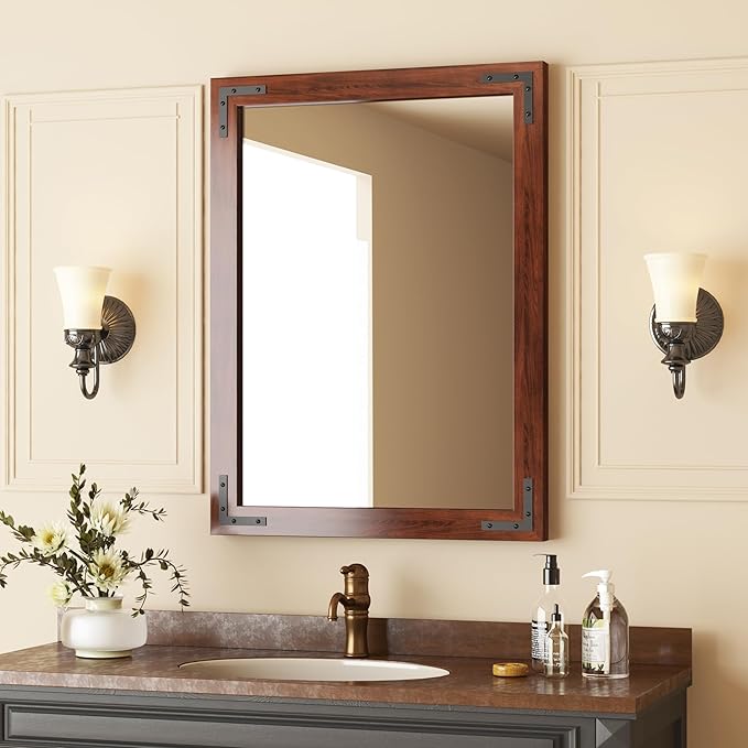 VocalStar Rustic Wood Framed Mirror 22 x 30 Inch, Natural Dark Brown Wooden by VOCALSTAR