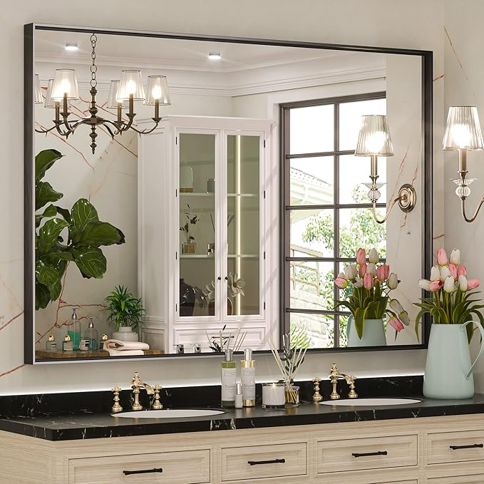 Keonjinn Black Bathroom Mirror 48 x 36 Inch, Large Rectangle Matte Black Vanity by Keonjinn