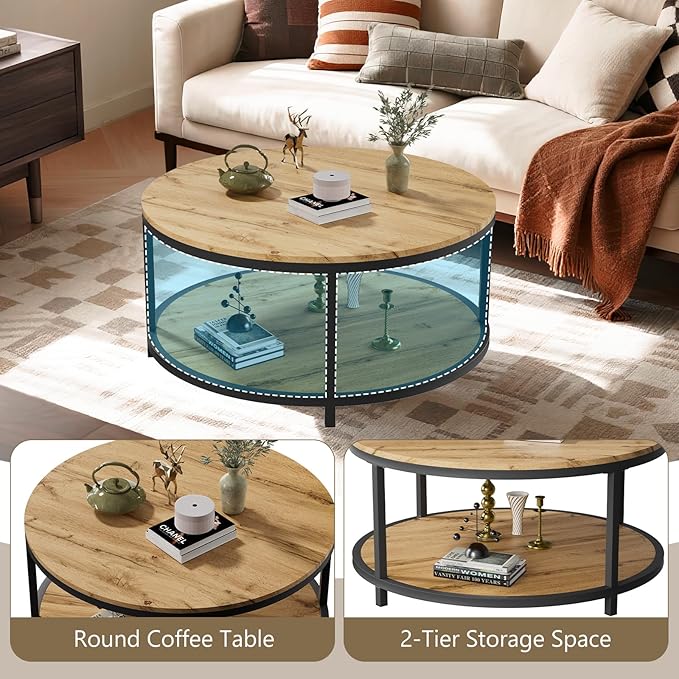 NSdirect Round Coffee Table, 36in Rustic Wooden Surface Top & Sturdy Metal Legs - Image 7