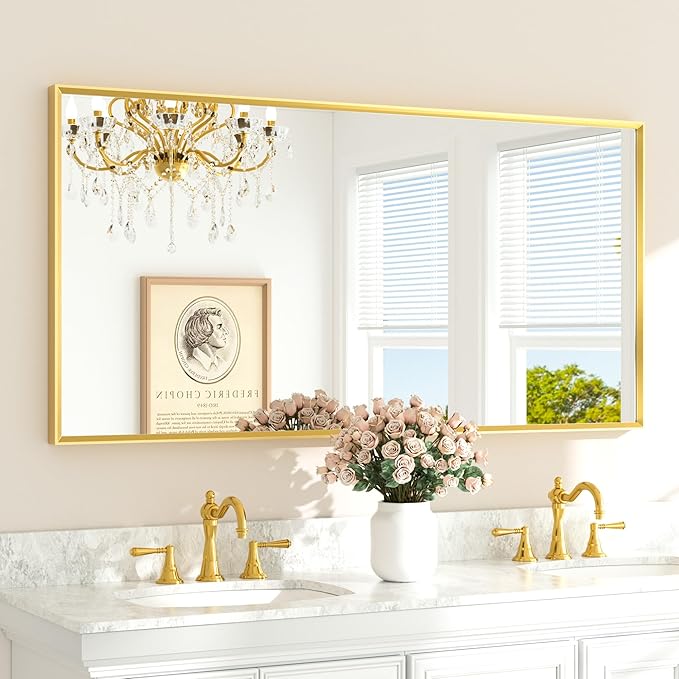 TETOTE Brushed Gold Mirror Beveled Frame 60" x 30" Large Brass Gold Rectangle by TETOTE
