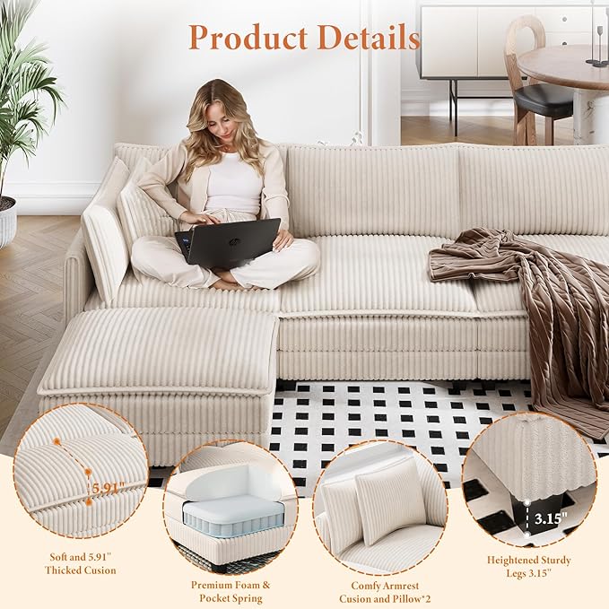 Vesgantti 109" U Shaped Cloud Sectional Sofa, Comfy Corduroy Upholstered - Image 3