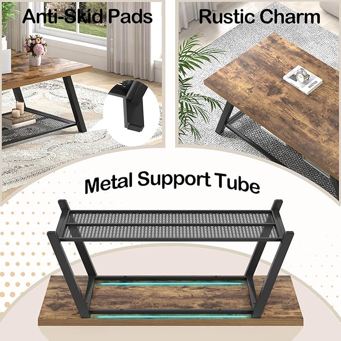 FOLUBAN 47 Inch Coffee Table, Industrial Wood and Metal Living Room Table - Image 4