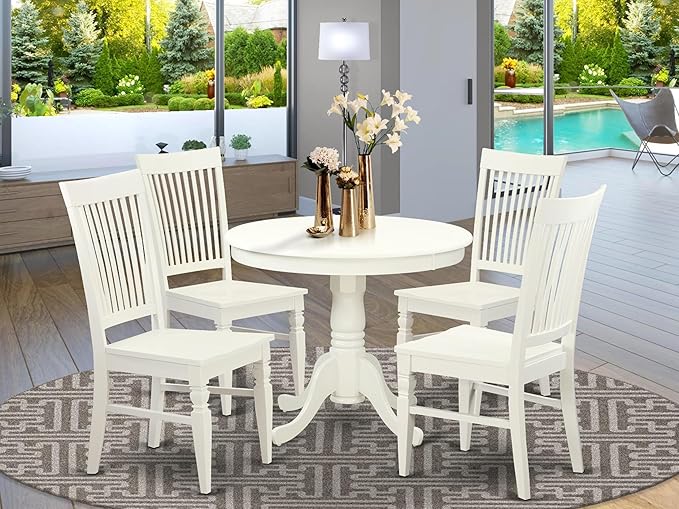 East West Furniture ANWE5-LWH-W 5 Piece Dining Room Table Set Includes a Round - Image 2