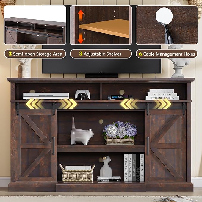 66" Farmhouse TV Stand for 75 Inch TVs, Rustic Media Console Table Storage - Image 6