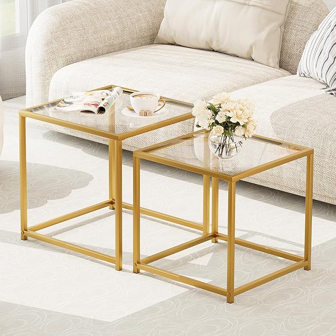 Garden 4 you Coffee Table Set of 2, Modern Glass Nesting Table, Metal Frame - Image 4