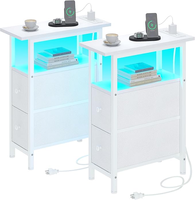 End Table Set 2 with Charging Station, Narrow Side Table with 2 Fabric Drawers by TRIFEBLE