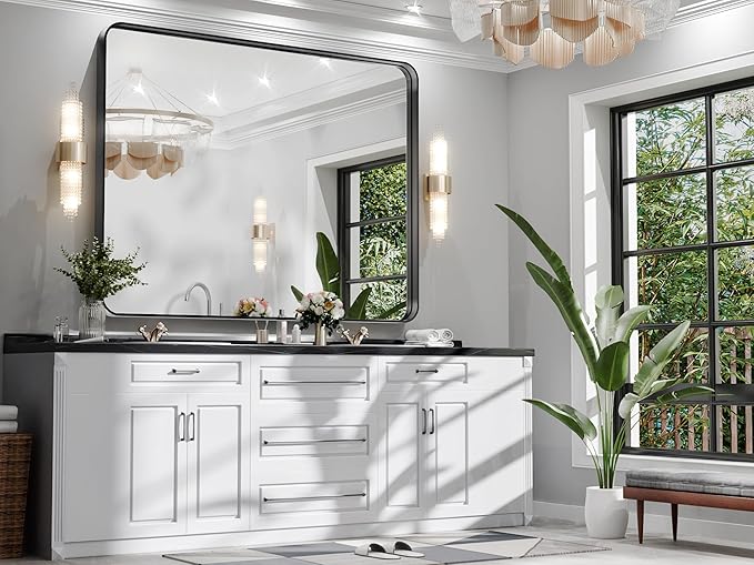 Hasipu Black Bathroom Mirror 50x40 Inch Rounded Rectangle Vanity Mirror Metal - Image 2