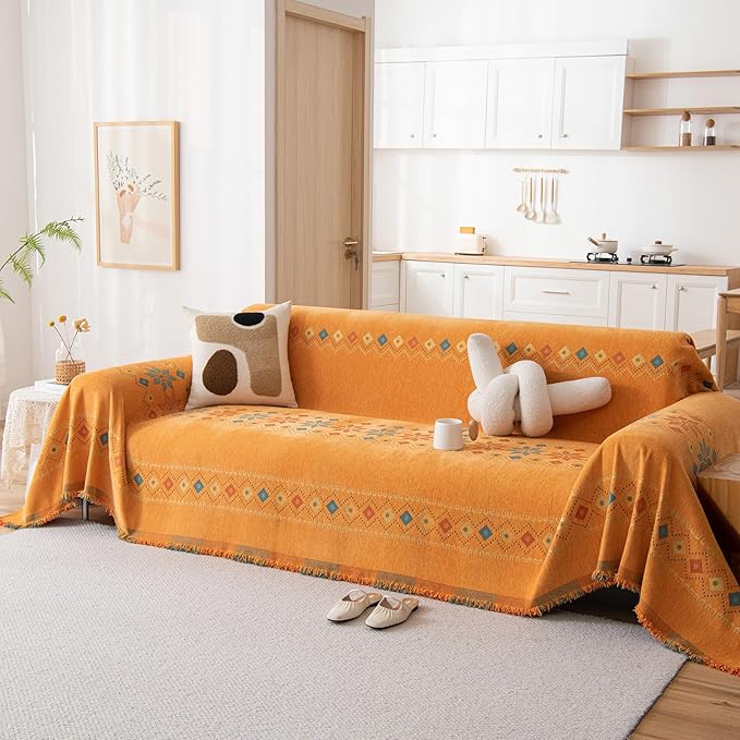STACYPIK Soft Orange Sofa Cover, Boho Chenille Couch Cover - Image 2