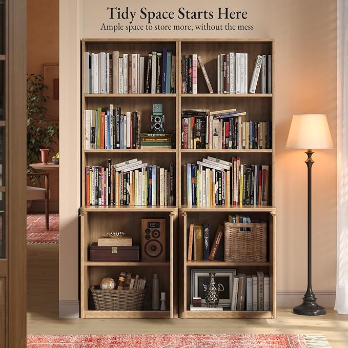 71" Oak Bookcase with Doors, 5-Tier Fluted Tall Bookshelf with Storage - Image 6