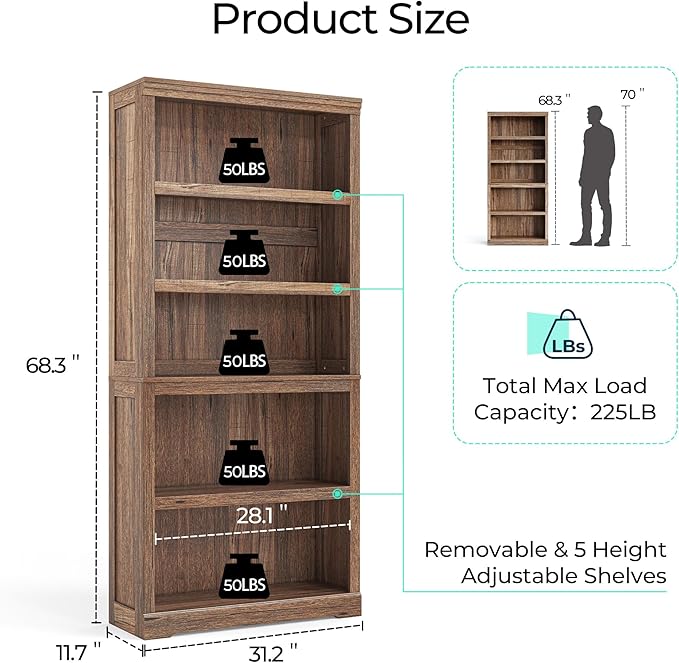 LINSY HOME 5-Shelf Bookcase, Bookshelves Floor Standing Display Storage Shelves - Image 3