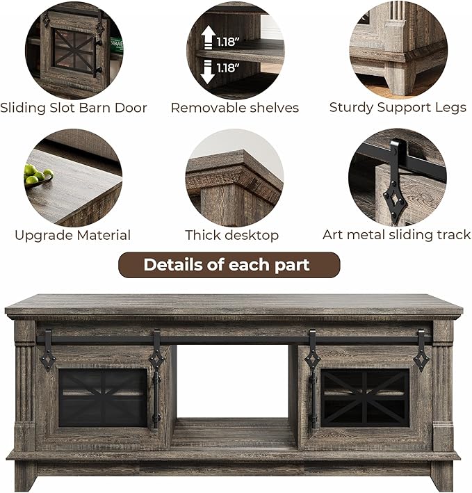 IRONCK 48'' Coffee Table with Sliding Barn Doors, Rustic Center Table with 6 - Image 7