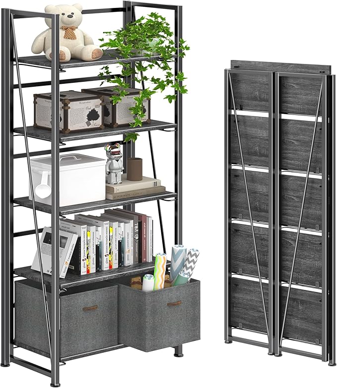 4NM No Assembly Folding Bookshelf, 5-Shelf 62.2" H Collapsible Foldable by 4NM