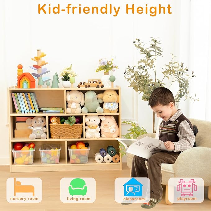 Kids Bookshelf and Toy Storage Shelf, Wooden Montessori Bookshelf, 3-Tier Toy - Image 3