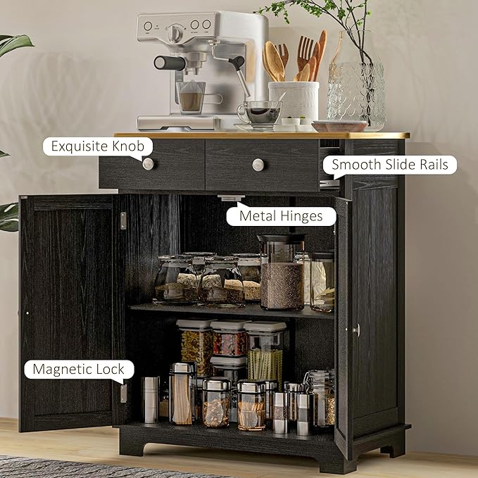 HOMCOM Sideboard with Solid Wood Countertop, Modern Kitchen Storage Cabinet - Image 7