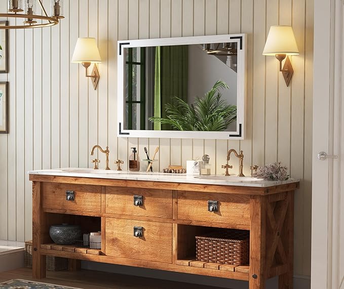 VocalStar White Wood Framed Mirror 28 x 40 Inch, Rustic Natural White Wooden - Image 2