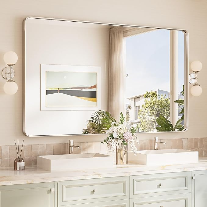 TokeShimi 60x36 Brushed Nickel Bathroom Wall Mirror Vanity Metal Frame Round by RefinedBathroomAccessories