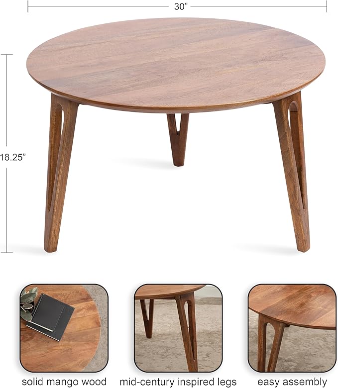 Kate and Laurel Kershaw Mid-Century Modern Round Coffee Table, Walnut Brown - Image 3