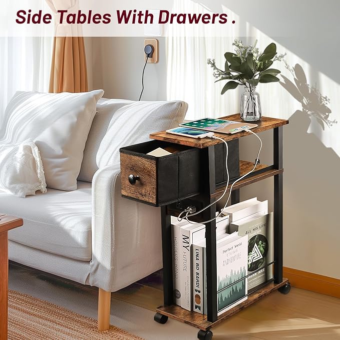 Side Table with Charging Station and Drawer, Narrow End Table with USB Ports - Image 4