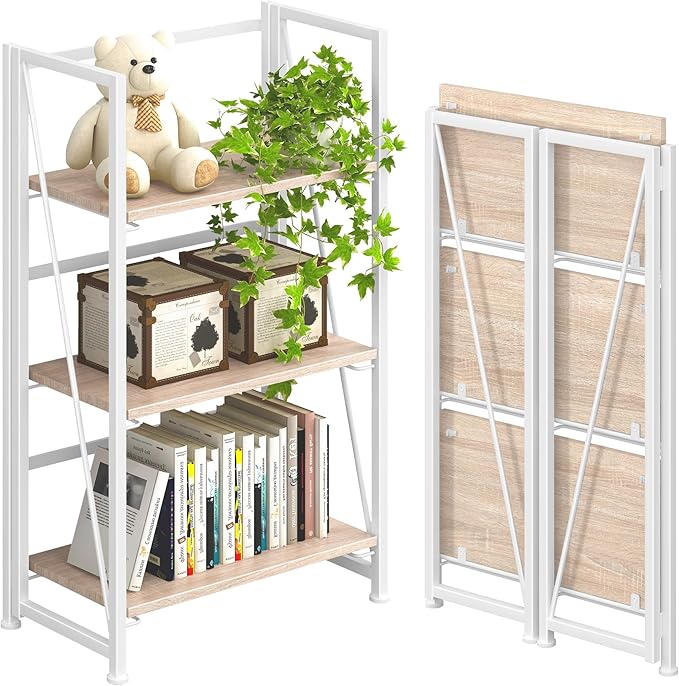 4NM No-Assembly Folding Bookshelf Storage Shelves 3 Tiers Vintage Bookcase by 4NM