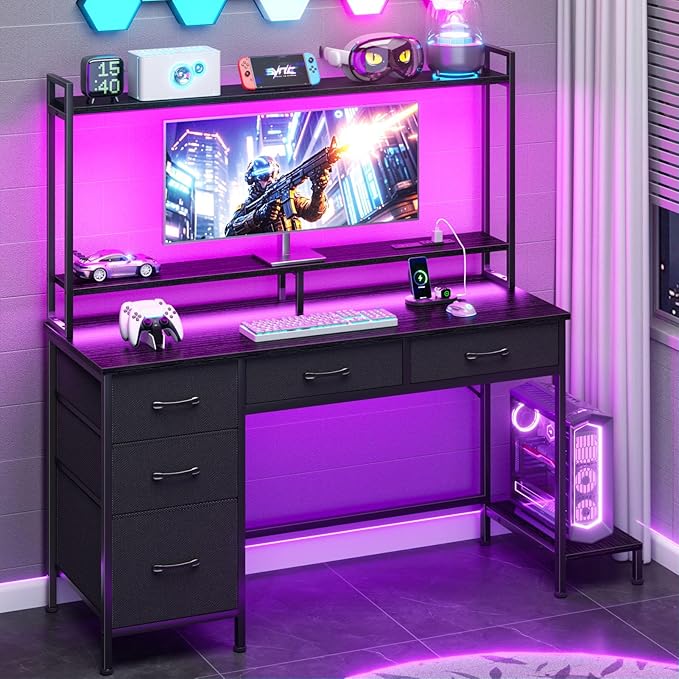 Computer Gaming Desk with Hutch, Home Office Desk with Power Outlets, LED Light - Image 2