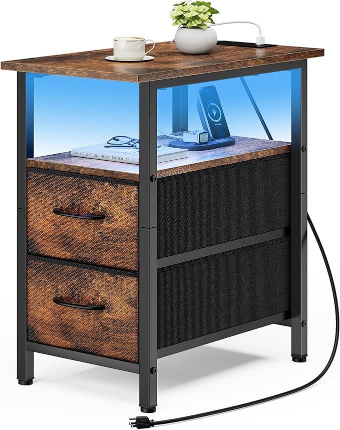 Vagusicc Nightstand with Charging Station and LED Lights, Narrow Side Table by Vagusicc