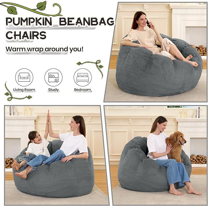 HABUTWAY Giant Bean Bag Chair for Adults/Kids/Teens, Pumpkin Bean Bag Couch - Image 3