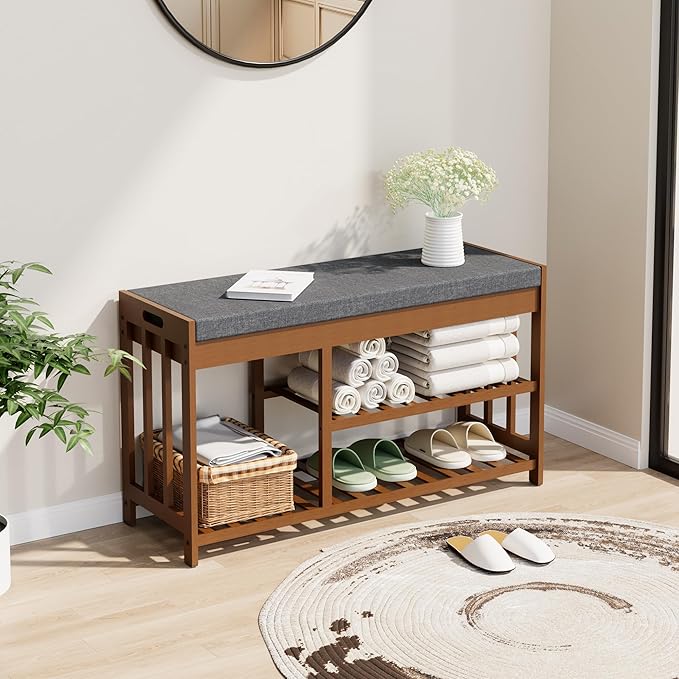 Shoe Rack Bench with Cushion, 2 Tiers Shoe Bench with Flip-Top Storage by Bambooflow