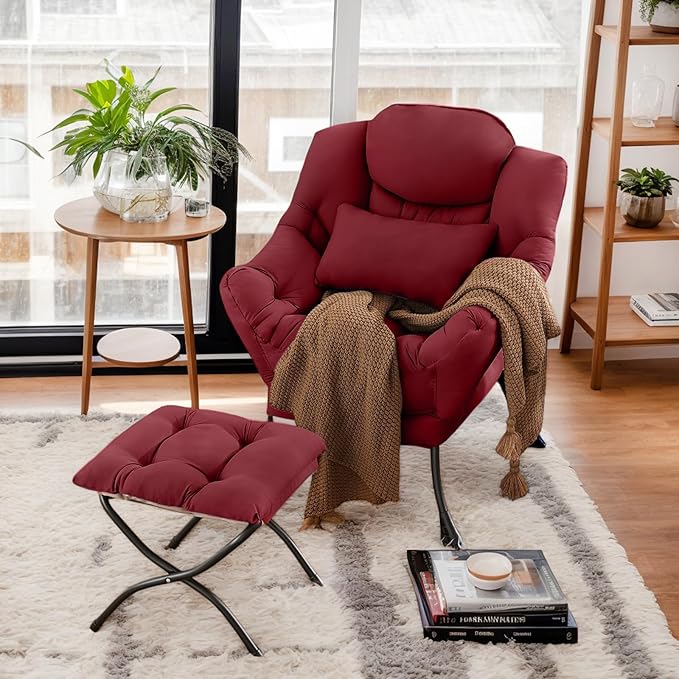 Lazy Chair with Ottoman, Comfy Fabric Accent Lounge Armchair with Lumbar Pillow - Image 2