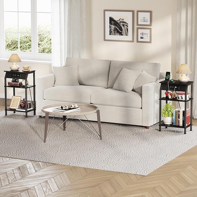 Tall End Table with Storage, 3-Tier Small Bedside Table with Charging Station - Image 7