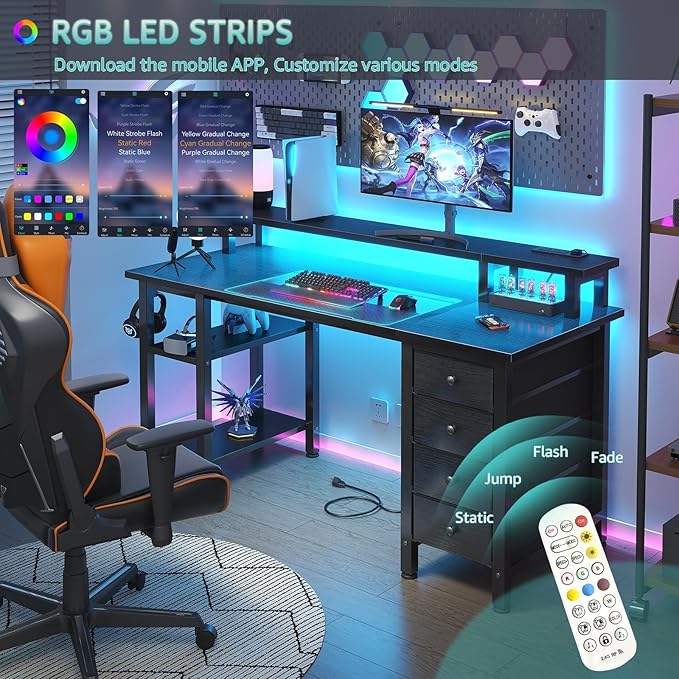 Lufeiya Black Gaming Desk with LED Lights and Power Outlets, 47 inch Computer - Image 4