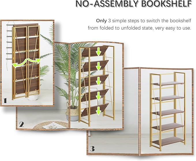 4NM No Assembly Folding Bookshelf, 5-Shelf 62.2" H Collapsible Foldable - Image 6