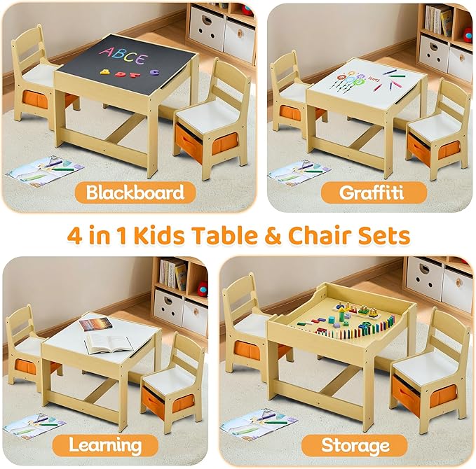 Kids Table and Chairs Set, 4 in 1 Wooden Kids Table - Image 2