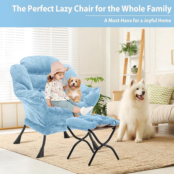 Lazy Chair with Folding Ottoman, Accent Chair Plush Upholstered with Metal - Image 4
