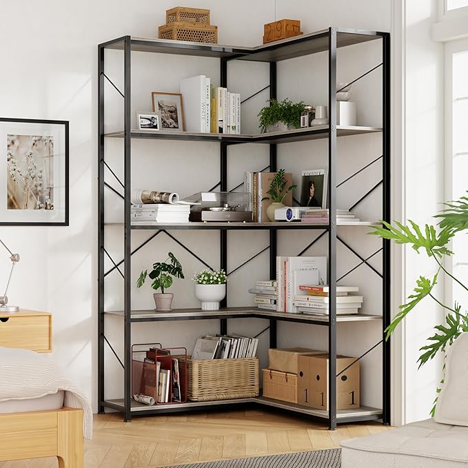 Shintenchi 5 Tier Corner Bookshelf, L Shaped Bookcase, Large Etagere Bookcase by Shintenchi