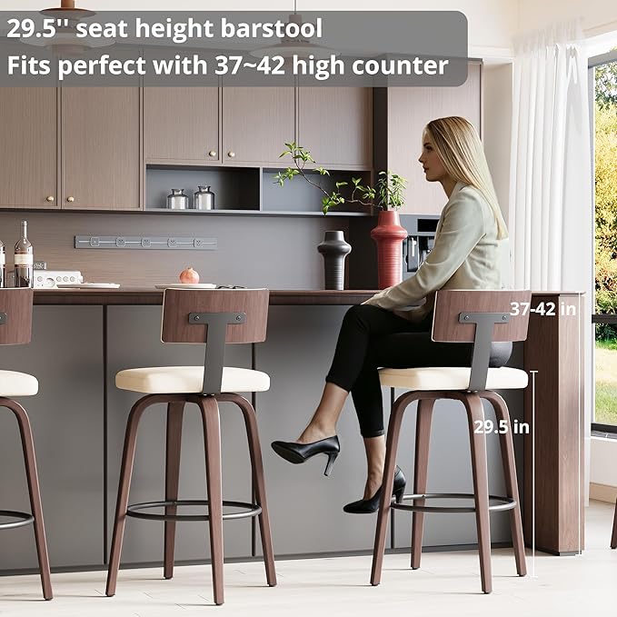 IRONCK Counter Height Bar Stools Set of 2, Wood Texture Bent Legs, Mid-Century - Image 4
