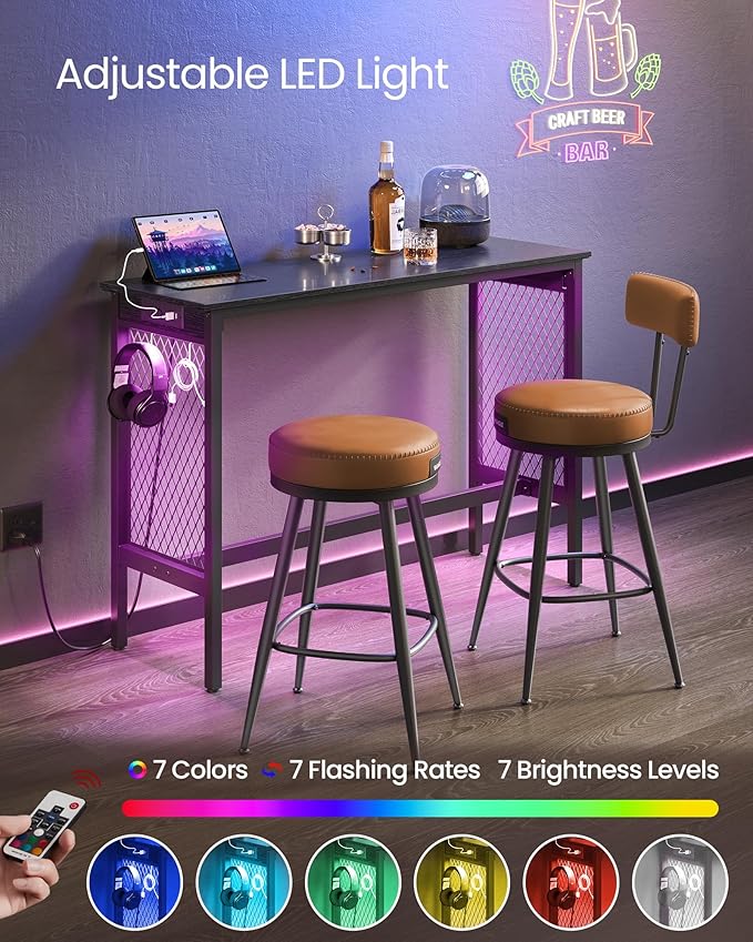 VASAGLE Bar Table with Power Outlets, 47.2 Inches LED Lights Narrow Tall Pub - Image 4
