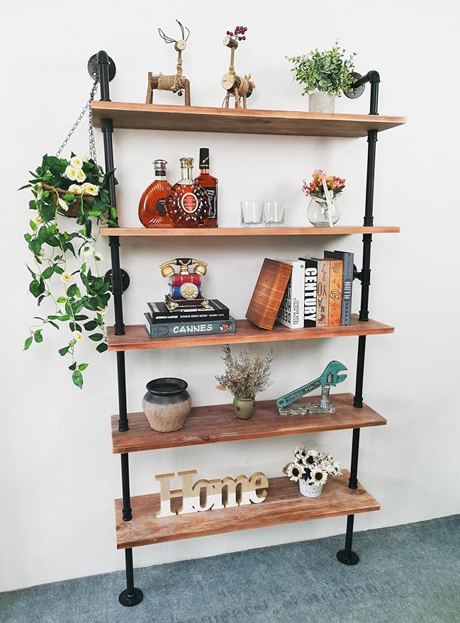5 Tier Industrial Ladder Shelf Bookcase, Wall Mounted Wood Metal Pipe Rustic - Image 9
