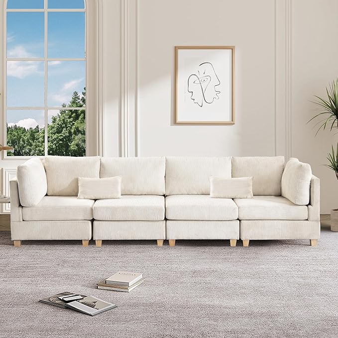 126" Convertible L-Shaped Modular Sectional Sofa, 4 Seater Corduroy Upholstered by Unknown
