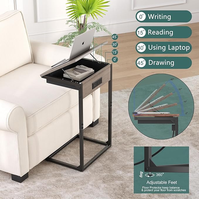 C Shaped End Tables with Charging Station, 45° Tiltable Adjustable Flip Top - Image 4