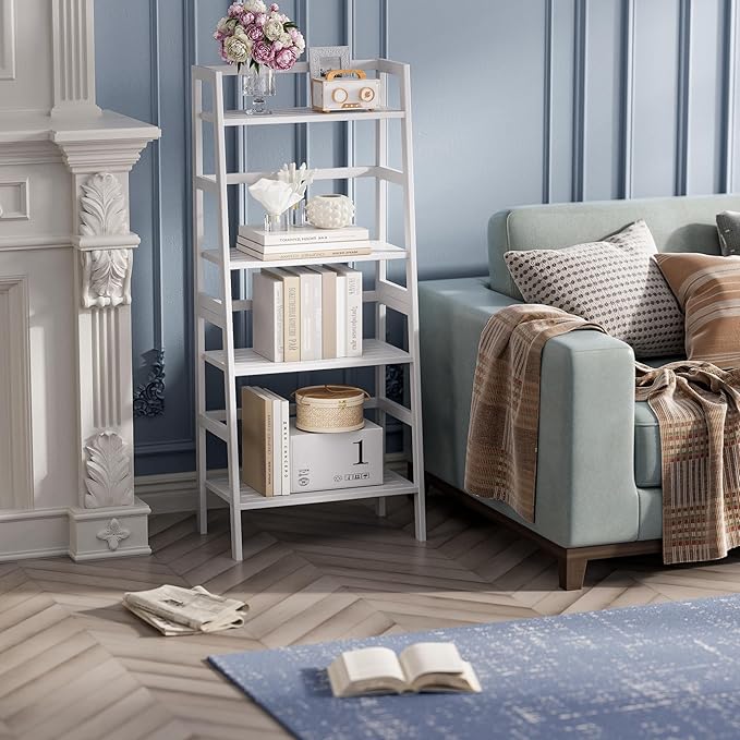 HITNET White Ladder Bookshelf, Leaning Bookcase, 4-Tier Bamboo Shelf, Floor - Image 9