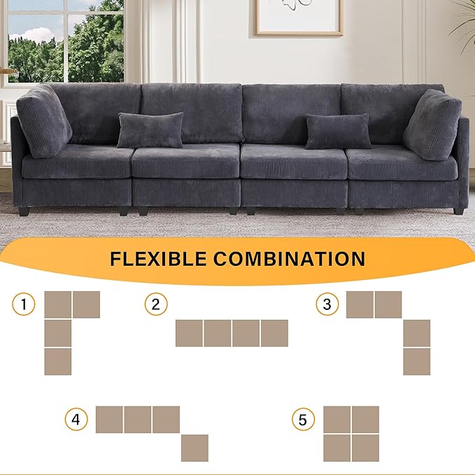 126" Convertible L-Shaped Modular Sectional Sofa, 4 Seater Corduroy Upholstered - Image 5