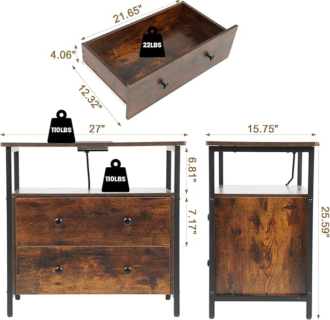 27 inch Wide Nightstand with Charging Station, Bedside Table with Open Shelf - Image 3