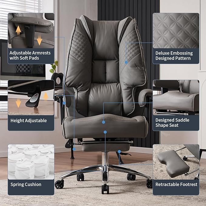 Big and Tall Office Chair 400lbs Wide Seat, Leather High Back Executive Office - Image 3